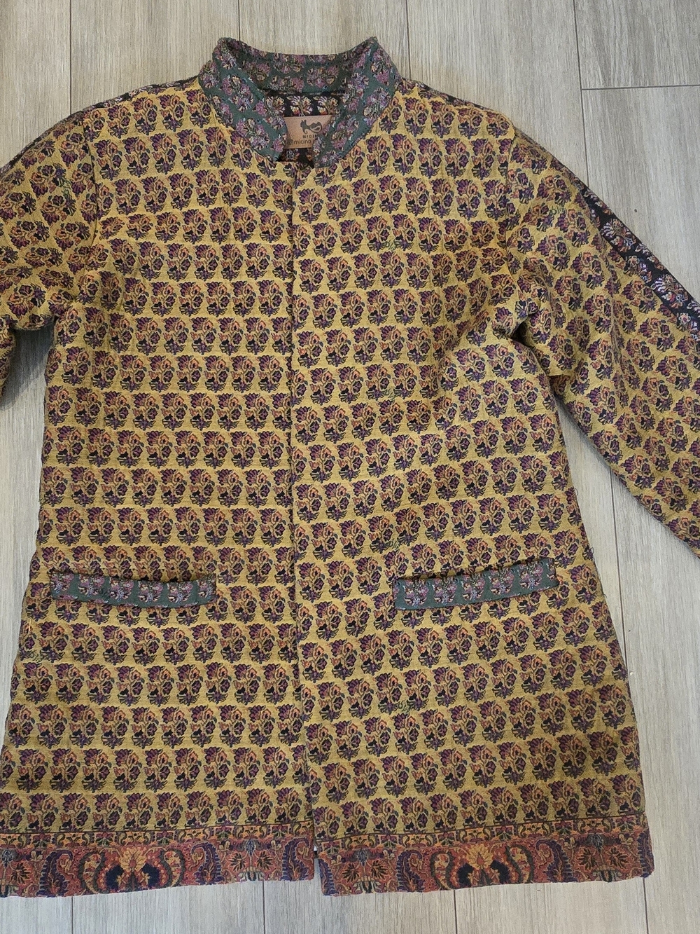 Quilted Floral Print Trench Coat in Mustard and Purple
